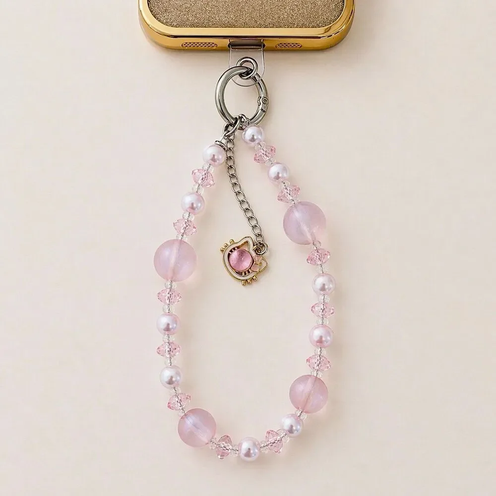 Pink Pearl Beaded Phone Wrist Strap Cute Cat Charm Lanyard Gift Wristlet